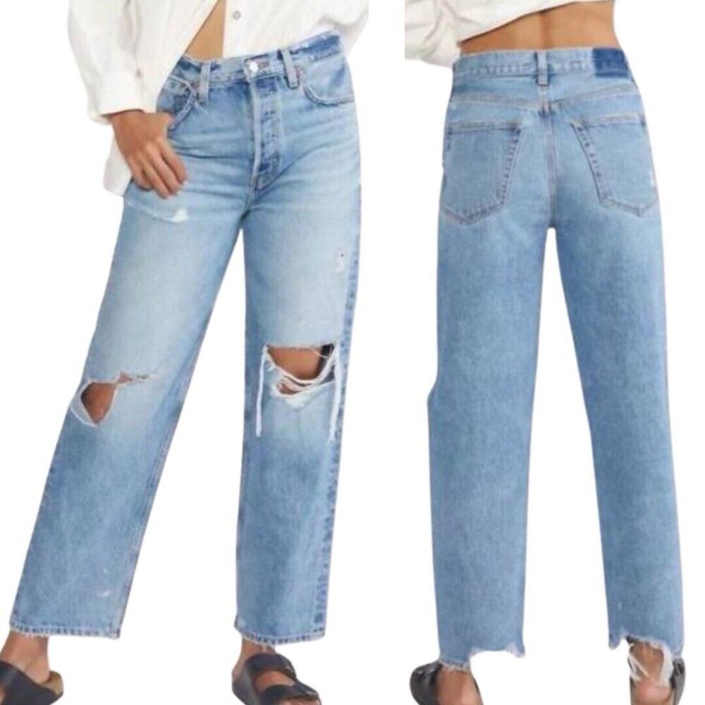 Etica Jeans 24 Tyler Vintage Straight Ankle Blue Distress Button Fly High Rise